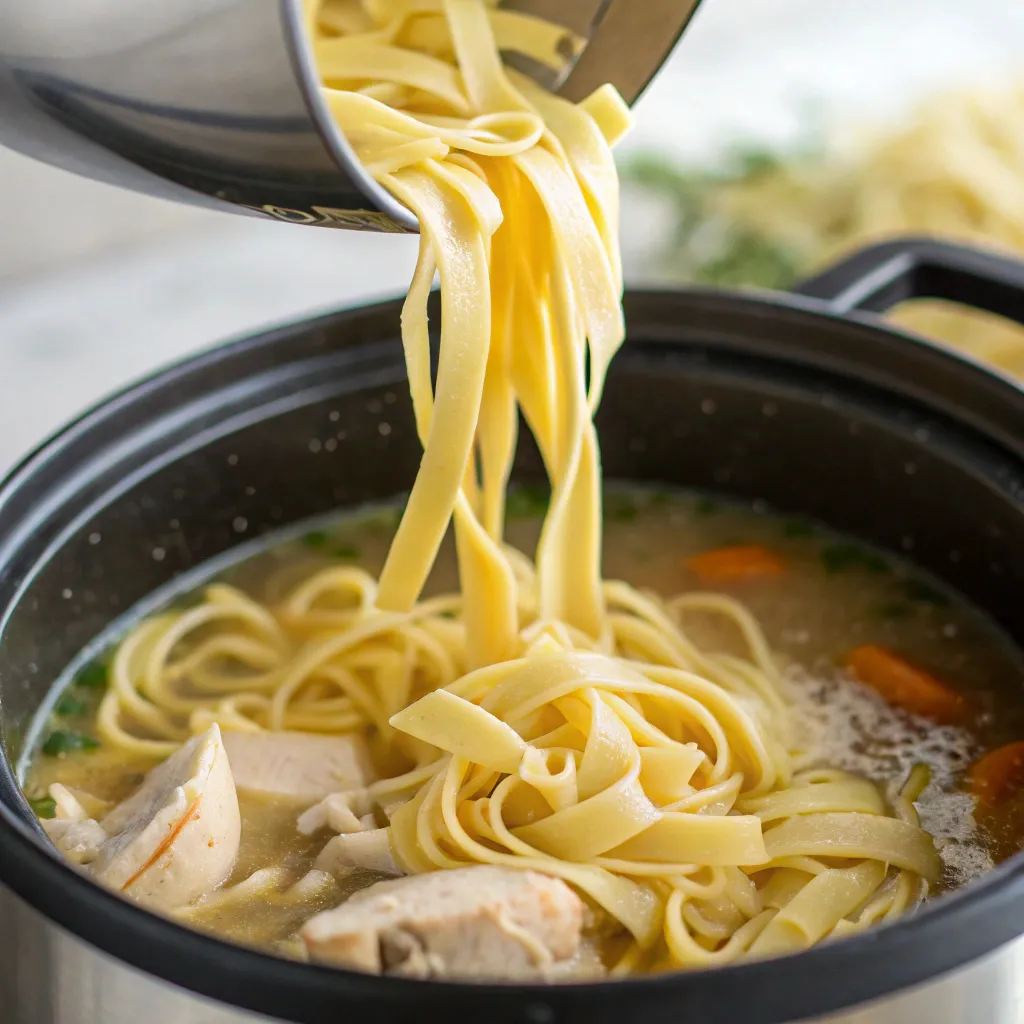 Instructions for Crockpot Chicken Noodle Soup : Add noodles